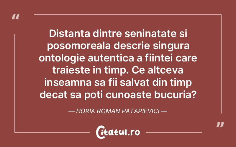 Distanta dintre seninatate si posomoreala descrie singura ontologie autentica a fiintei care traieste in timp. Ce altceva inseamna sa fii salvat din timp decat sa poti cunoaste bucuria?	Horia Roman Patapievici