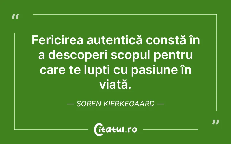 Fericirea autentică constă în a descoperi scopul pentru care te lupți cu pasiune în viață. Soren Kierkegaard