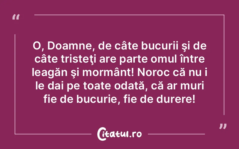 O, Doamne, de câte bucurii şi de câte tristeţi are parte omul între leagăn şi mormânt! Noroc că nu i le dai pe toate odată, că ar muri fie de bucurie, fie de durere!
