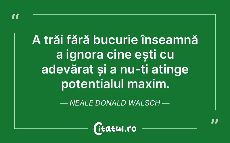A trăi fără bucurie înseamnă a ignora cine ești cu adevărat și a nu-ți atinge potențialul maxim. Neale Donald Walsch
