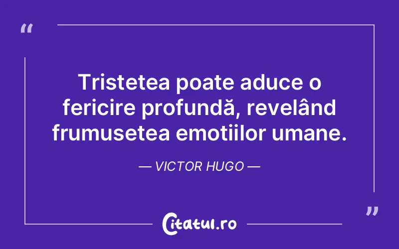 Tristețea poate aduce o fericire profundă, revelând frumusețea emoțiilor umane. Victor Hugo