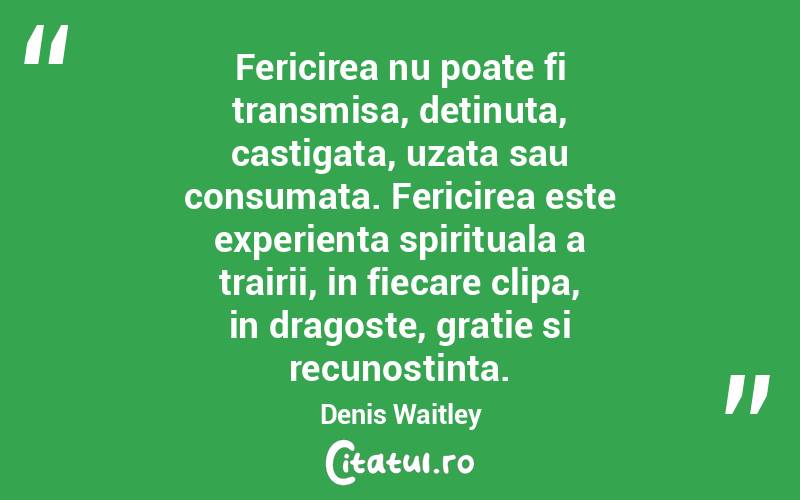 Fericirea nu poate fi transmisa, detinuta, castigata, uzata sau consumata. Fericirea este experienta spirituala a trairii, in fiecare clipa, in dragoste, gratie si recunostinta. Denis Waitley
