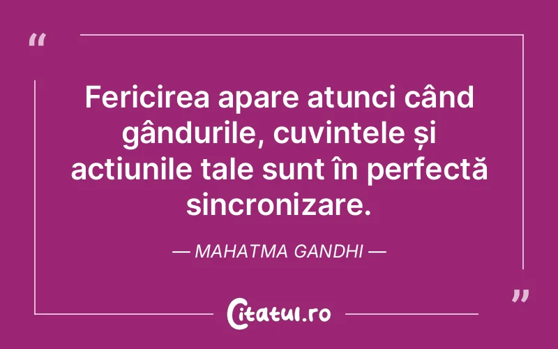 Fericirea apare atunci când gândurile, cuvintele și acțiunile tale sunt în perfectă sincronizare. Mahatma Gandhi
