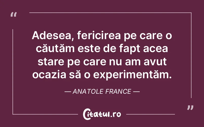 Adesea, fericirea pe care o căutăm este de fapt acea stare pe care nu am avut ocazia să o experimentăm. Anatole France
