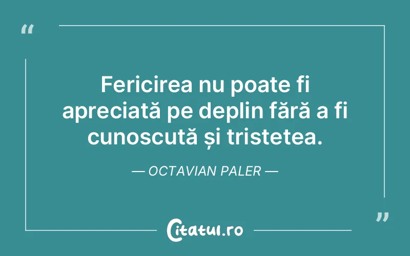 Fericirea nu poate fi apreciată pe deplin fără a fi cunoscută și tristețea. Octavian Paler