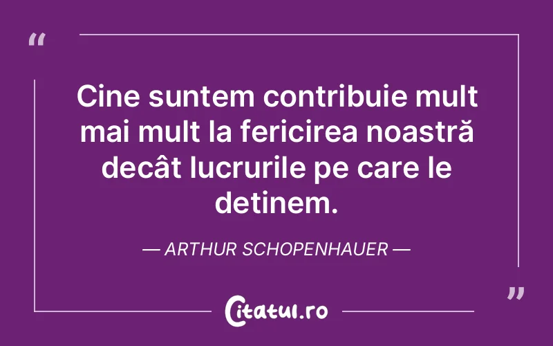 Cine suntem contribuie mult mai mult la fericirea noastră decât lucrurile pe care le deținem. Arthur Schopenhauer