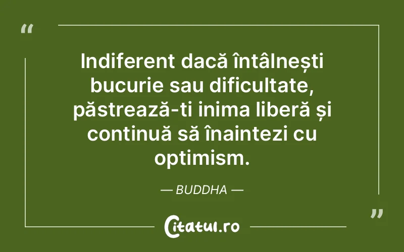 Indiferent dacă întâlnești bucurie sau dificultate, păstrează-ți inima liberă și continuă să înaintezi cu optimism. Buddha