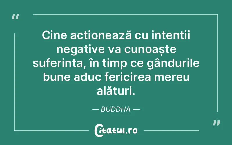 Cine acționează cu intenții negative va cunoaște suferința, în timp ce gândurile bune aduc fericirea mereu alături. Buddha