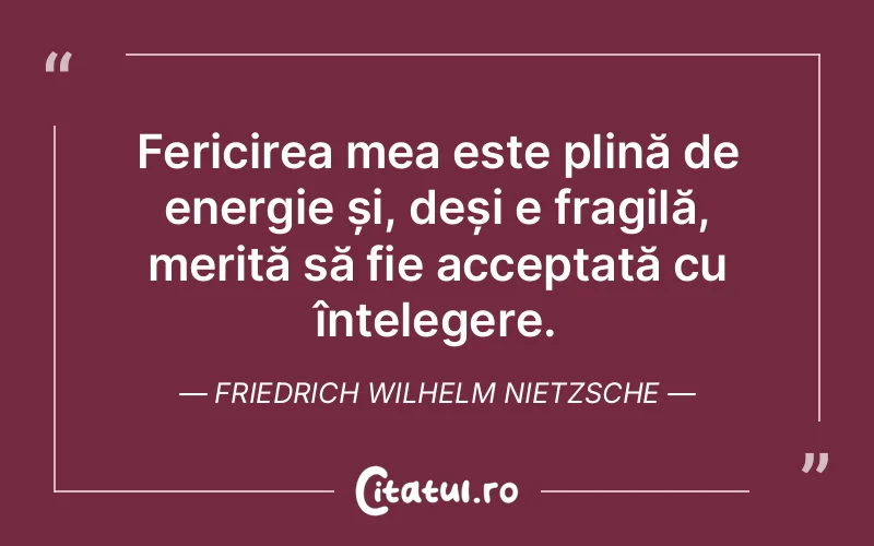 Fericirea mea este plină de energie și, deși e fragilă, merită să fie acceptată cu înțelegere. Friedrich Wilhelm Nietzsche