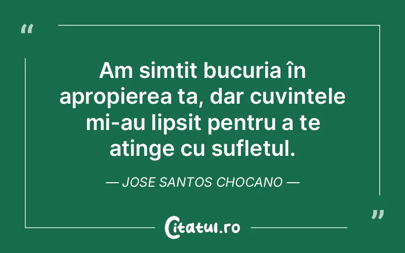 Am simțit bucuria în apropierea ta, dar cuvintele mi-au lipsit pentru a te atinge cu sufletul. Jose Santos Chocano