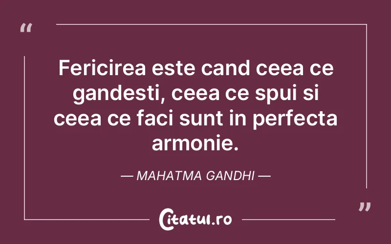 Fericirea este cand ceea ce gandesti, ceea ce spui si ceea ce faci sunt in perfecta armonie. Mahatma Gandhi