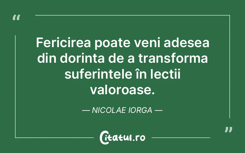Fericirea poate veni adesea din dorința de a transforma suferințele în lecții valoroase. Nicolae Iorga
