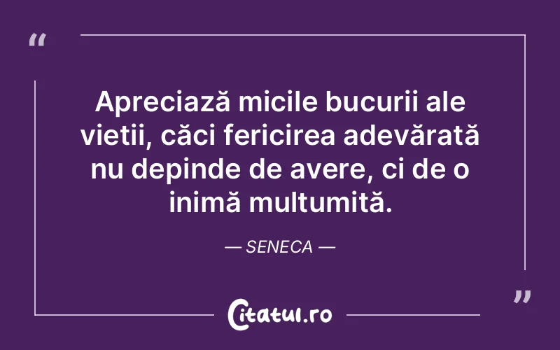Apreciază micile bucurii ale vieții, căci fericirea adevărată nu depinde de avere, ci de o inimă mulțumită. Seneca