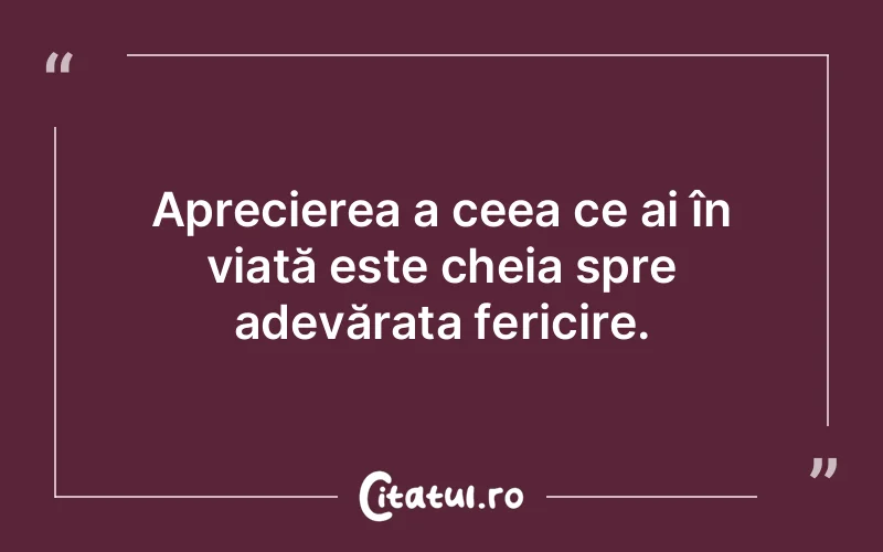Aprecierea a ceea ce ai în viață este cheia spre adevărata fericire.