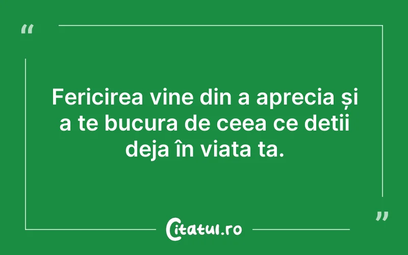 Fericirea vine din a aprecia și a te bucura de ceea ce deții deja în viața ta.