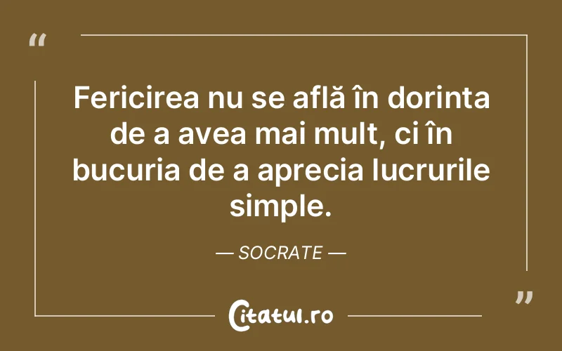 Fericirea nu se află în dorința de a avea mai mult, ci în bucuria de a aprecia lucrurile simple. Socrate