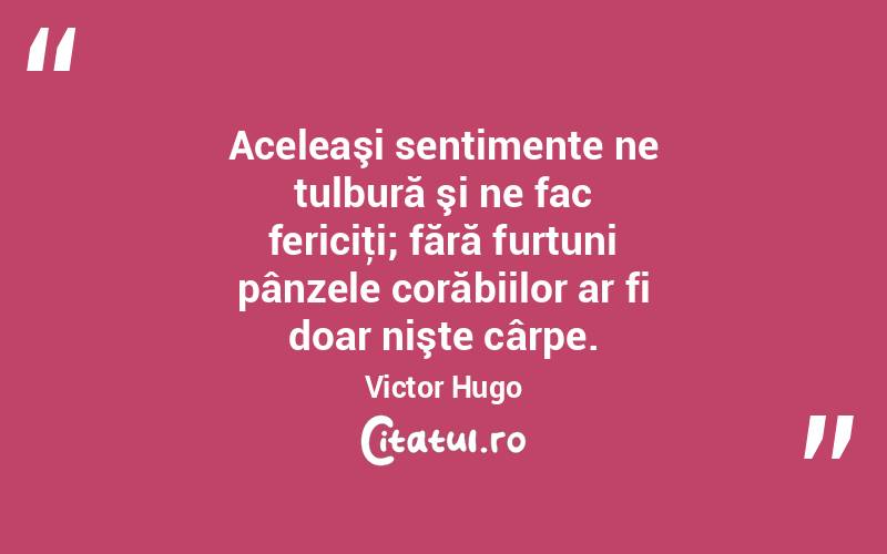 Aceleaşi sentimente ne tulbură şi ne fac fericiţi; fără furtuni pânzele corăbiilor ar fi doar nişte cârpe. Victor Hugo
