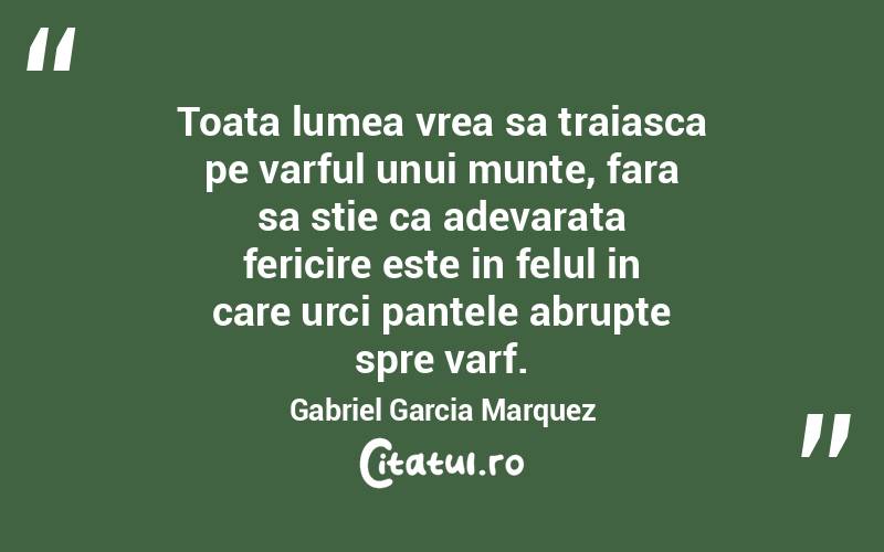 Toata lumea vrea sa traiasca pe varful unui munte, fara sa stie ca adevarata fericire este in felul in care urci pantele abrupte spre varf. Gabriel Garcia Marquez