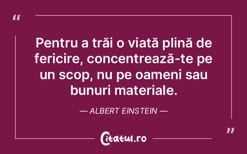 Pentru a trăi o viață plină de fericire, concentrează-te pe un scop, nu pe oameni sau bunuri materiale. Albert Einstein