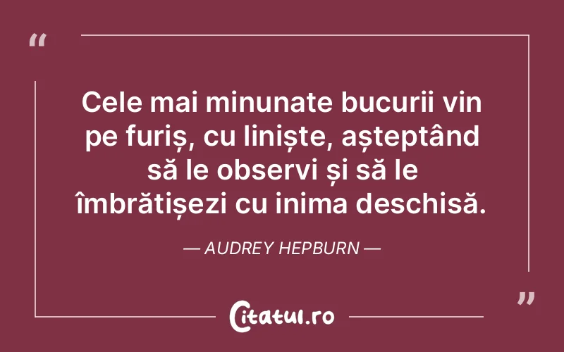 Cele mai minunate bucurii vin pe furiș, cu liniște, așteptând să le observi și să le îmbrățișezi cu inima deschisă. Audrey Hepburn
