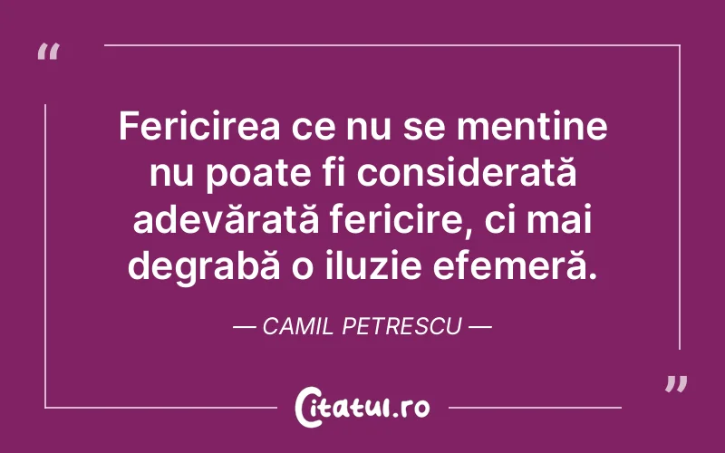 Fericirea ce nu se menține nu poate fi considerată adevărată fericire, ci mai degrabă o iluzie efemeră. Camil Petrescu