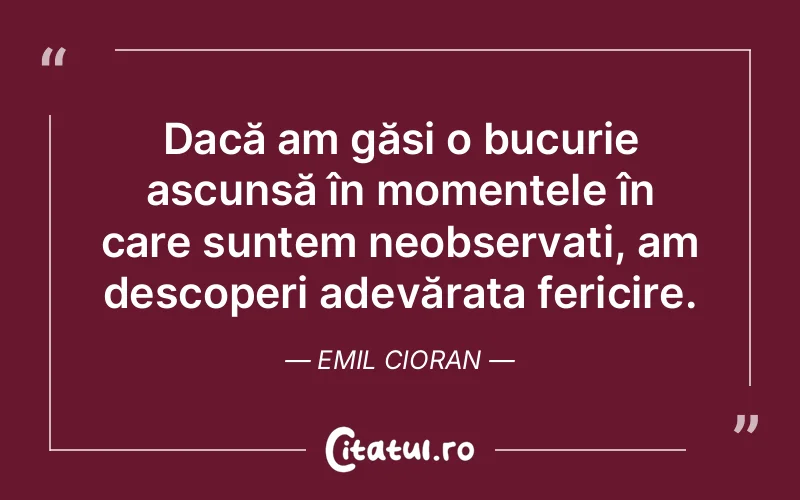 Dacă am găsi o bucurie ascunsă în momentele în care suntem neobservați, am descoperi adevărata fericire. Emil Cioran