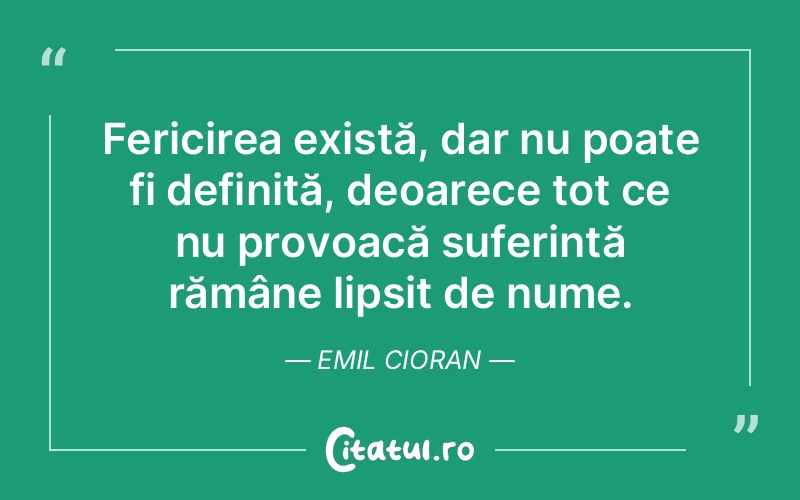 Fericirea există, dar nu poate fi definită, deoarece tot ce nu provoacă suferință rămâne lipsit de nume. Emil Cioran