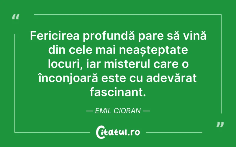 Fericirea profundă pare să vină din cele mai neașteptate locuri, iar misterul care o înconjoară este cu adevărat fascinant. Emil Cioran