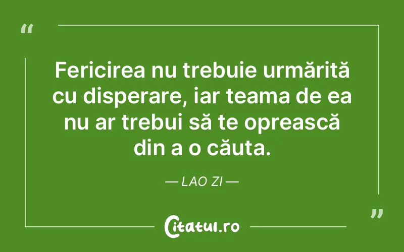 Fericirea nu trebuie urmărită cu disperare, iar teama de ea nu ar trebui să te oprească din a o căuta. Lao Zi