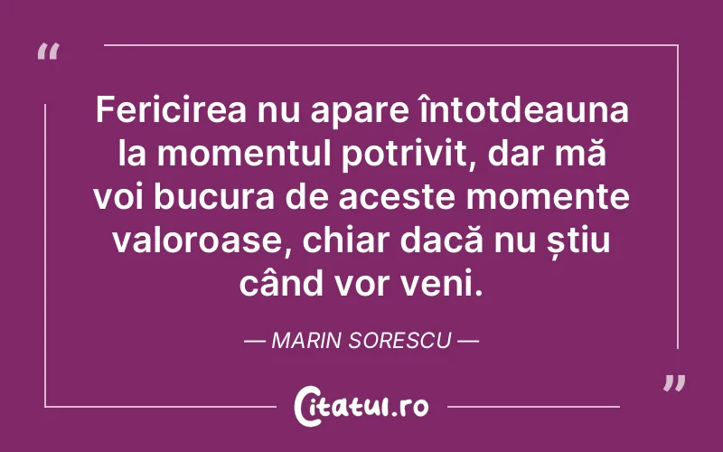 Fericirea nu apare întotdeauna la momentul potrivit, dar mă voi bucura de aceste momente valoroase, chiar dacă nu știu când vor veni. Marin Sorescu