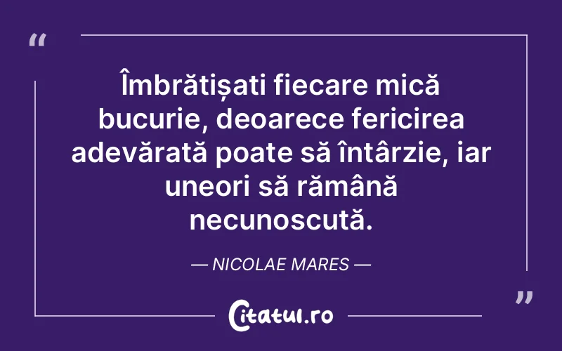 Îmbrățișați fiecare mică bucurie, deoarece fericirea adevărată poate să întârzie, iar uneori să rămână necunoscută. Nicolae Mares