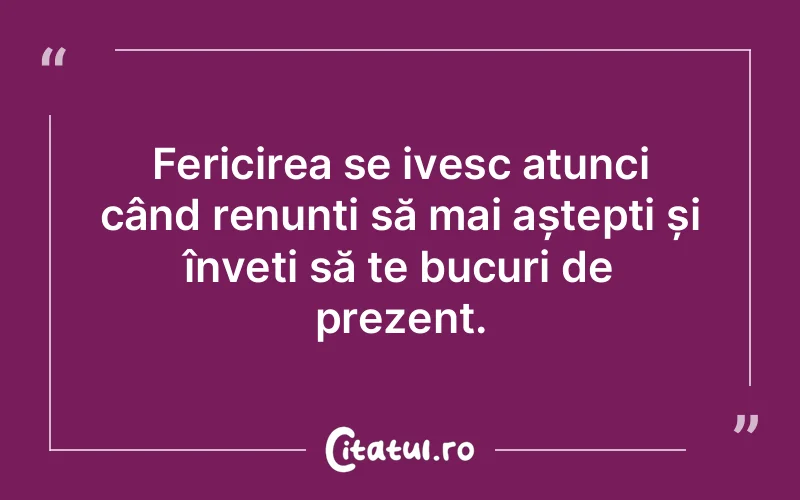 Fericirea se ivesc atunci când renunți să mai aștepți și înveți să te bucuri de prezent.
