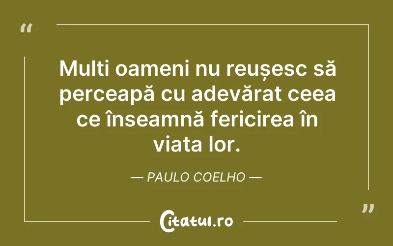 Mulți oameni nu reușesc să perceapă cu adevărat ceea ce înseamnă fericirea în viața lor. Paulo Coelho