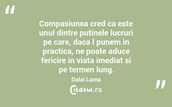 Compasiunea cred ca este unul dintre putinele lucruri pe care, daca l punem in practica, ne poate aduce fericire in viata imediat si pe termen lung. Dalai Lama...