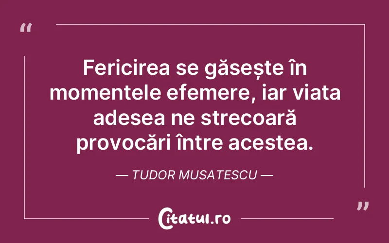 Fericirea se găsește în momentele efemere, iar viața adesea ne strecoară provocări între acestea. Tudor Musatescu