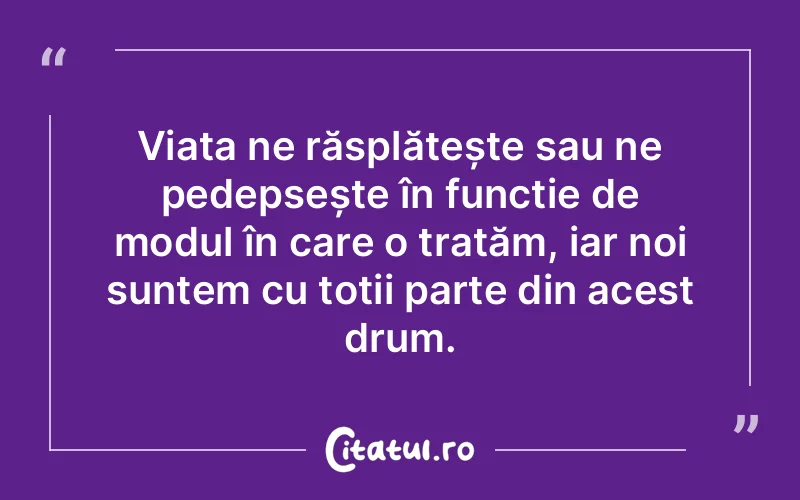 Viața ne răsplătește sau ne pedepsește în funcție de modul în care o tratăm, iar noi suntem cu toții parte din acest drum.