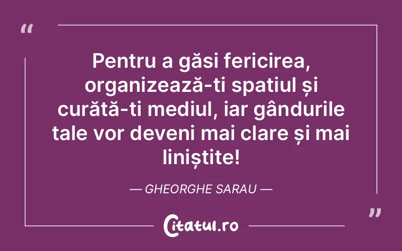 Pentru a găsi fericirea, organizează-ți spațiul și curăță-ți mediul, iar gândurile tale vor deveni mai clare și mai liniștite! Gheorghe Sarau