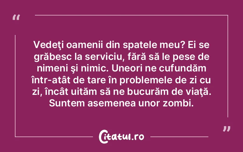 Vedeţi oamenii din spatele meu? Ei se grăbesc la serviciu, fără să le pese de nimeni şi nimic. Uneori ne cufundăm într-atât de tare în problemele de zi cu zi, încât uităm să ne bucurăm de viaţă. Suntem asemenea unor zombi.