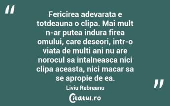 Fericirea adevarata e totdeauna o clipa. Mai mult n-ar putea indura firea omului, care deseori, intr-o viata de multi ani nu are norocul sa intalneasca nici clipa aceasta, nici macar sa se apropie de ea. Liviu Rebreanu...