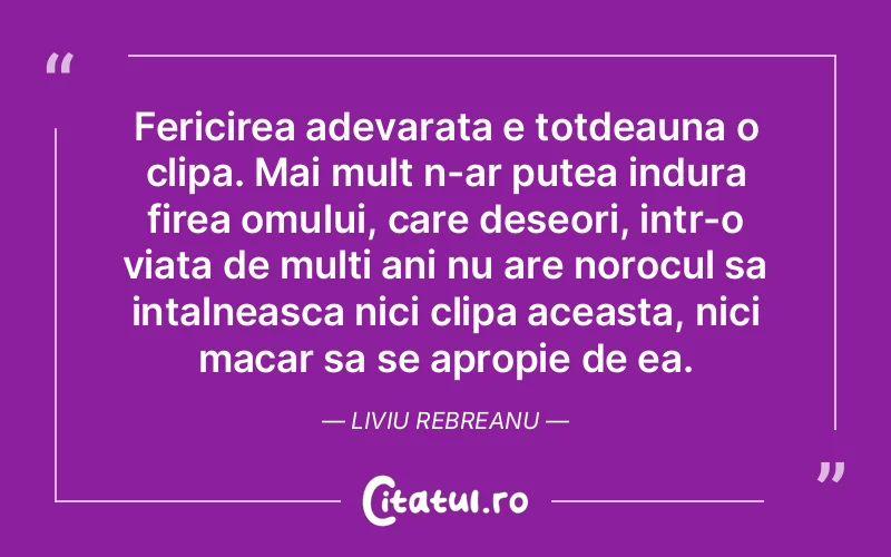 Fericirea adevarata e totdeauna o clipa. Mai mult n-ar putea indura firea omului, care deseori, intr-o viata de multi ani nu are norocul sa intalneasca nici clipa aceasta, nici macar sa se apropie de ea. Liviu Rebreanu
