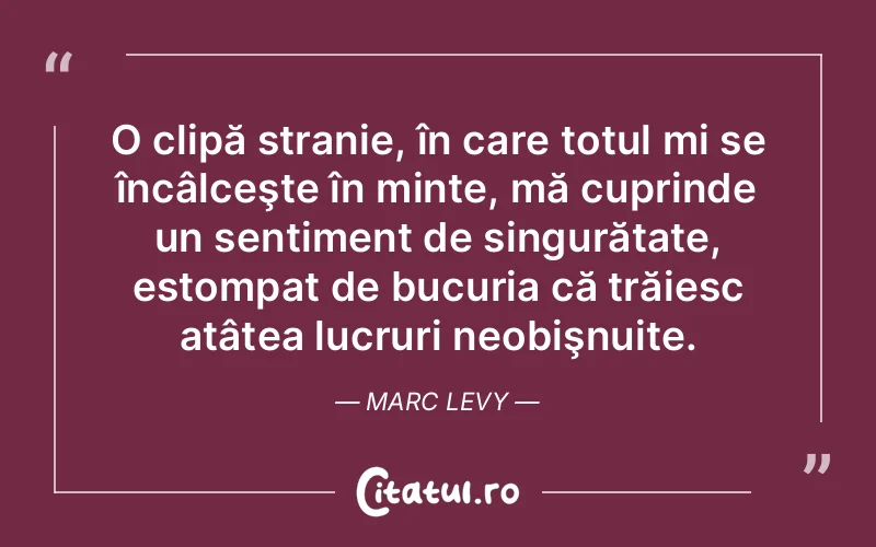 O clipă stranie, în care totul mi se încâlceşte în minte, mă cuprinde un sentiment de singurătate, estompat de bucuria că trăiesc atâtea lucruri neobişnuite. Marc Levy