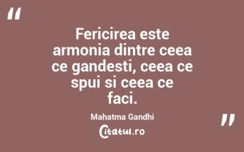 Fericirea este armonia dintre ceea ce gandesti, ceea ce spui si ceea ce faci. Mahatma Gandhi...