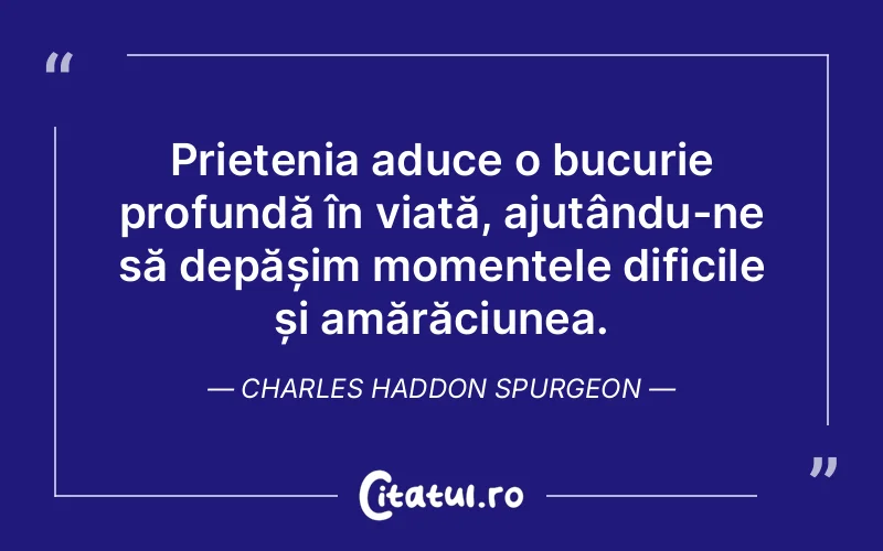 Prietenia aduce o bucurie profundă în viață, ajutându-ne să depășim momentele dificile și amărăciunea. Charles Haddon Spurgeon
