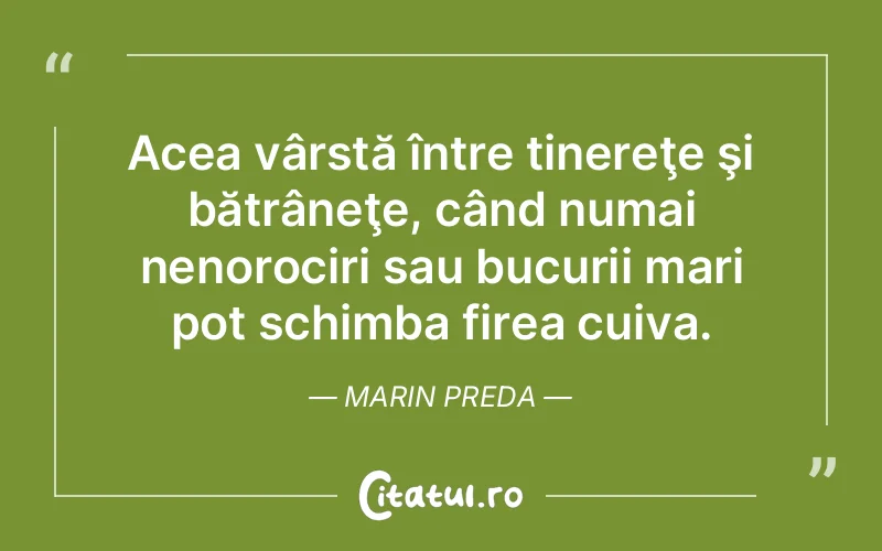 Acea vârstă între tinereţe şi bătrâneţe, când numai nenorociri sau bucurii mari pot schimba firea cuiva. Marin Preda