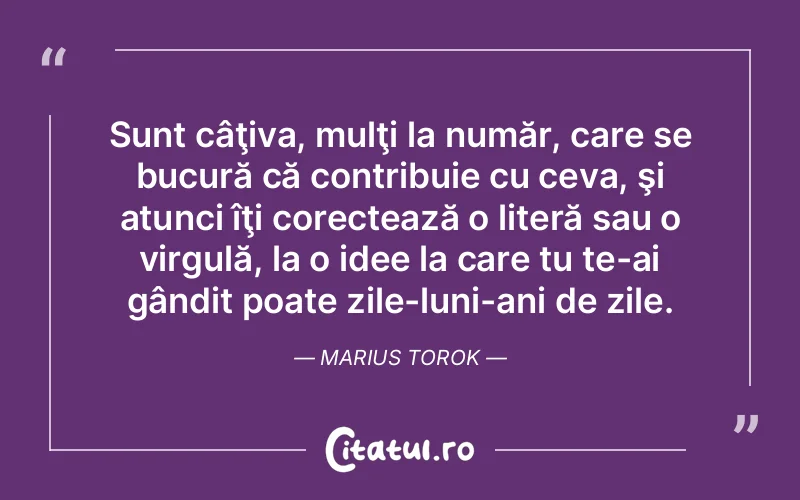 Sunt câţiva, mulţi la număr, care se bucură că contribuie cu ceva, şi atunci îţi corectează o literă sau o virgulă, la o idee la care tu te-ai gândit poate zile-luni-ani de zile. Marius Torok