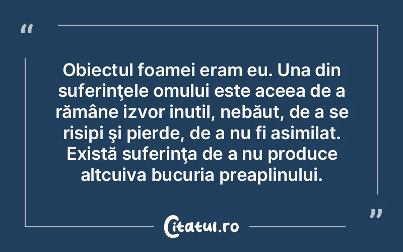 Obiectul foamei eram eu. Una din suferinţele omului este aceea de a rămâne izvor inutil, nebăut, de a se risipi şi pierde, de a nu fi asimilat. Există suferinţa de a nu produce altcuiva bucuria preaplinului.