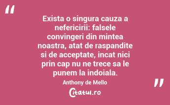Exista o singura cauza a nefericirii: falsele convingeri din mintea noastra, atat de raspandite si de acceptate, incat nici prin cap nu ne trece sa le punem la indoiala. Anthony de Mello...
