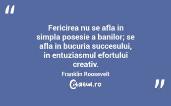 Fericirea nu se afla in simpla posesie a banilor; se afla in bucuria succesului, in entuziasmul efortului creativ. Franklin Roosevelt...