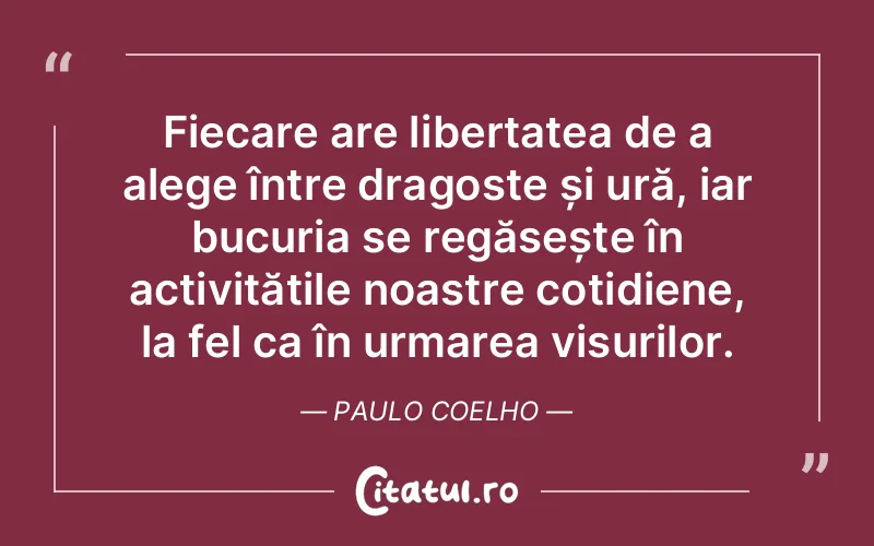 Fiecare are libertatea de a alege între dragoste și ură, iar bucuria se regăsește în activitățile noastre cotidiene, la fel ca în urmarea visurilor. Paulo Coelho