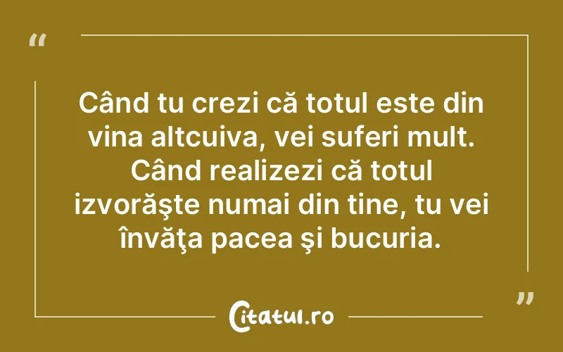 Când tu crezi că totul este din vina altcuiva, vei suferi mult. Când realizezi că totul izvorăşte numai din tine, tu vei învăţa pacea şi bucuria.